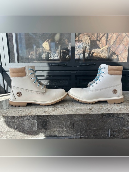 Timberland Shoes - Timberland Cream Lace-Up Boots with Tan Collar and Blue Laces